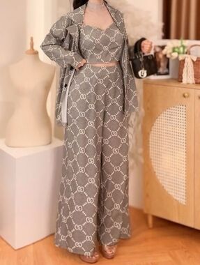 3pcs Gray Patterned Wide-Leg Jumpsuit Set